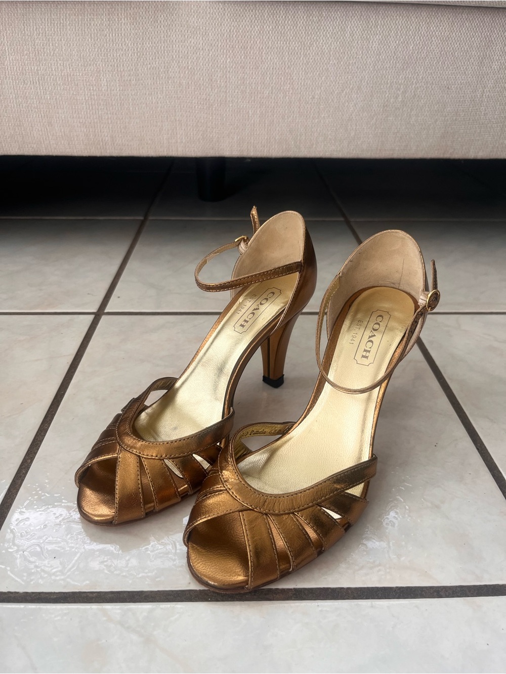 Coach Bronze Open-Toe Ankle-Strap Heels